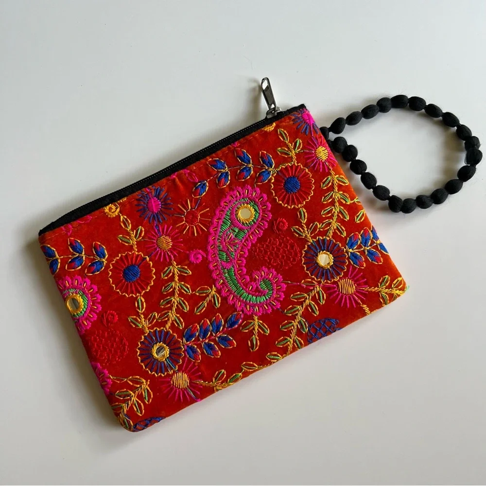 Sold| Paisley Orange Floral Embroidered Boho Wristlet Clutch Wallet Pouch - Picture 1 of 9